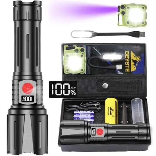 Produktbild: BEYSTE Taschenlampe LED Aufladbar 1000000 Lumen, LED Taschenlampe Extrem Hell Militärische, Sehr Helle Akku Taschenlampen USB C, Starke Taktische Taschenlampe Wasserdicht For Outdoor NotfäLle