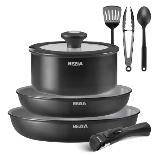 Produktbild: BEZIA Pfannenset mit abnehmbarem Griff, Pfannen Set mit Keramikbeschichtung, Induktions Pfannen Set mit Küchenutensilien, für alle Herdarten, stapelbares Design, Spülmaschinen-/Ofenfest