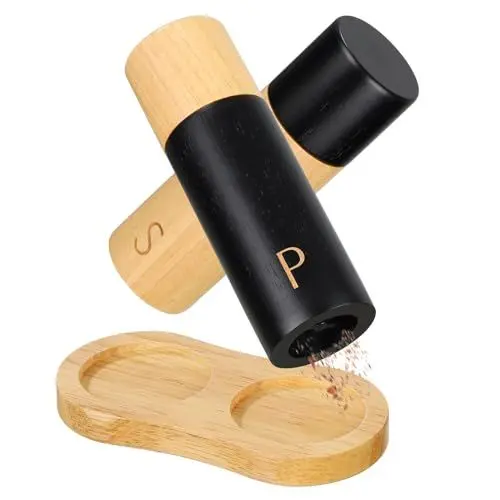 Produktbild: BEZORR Salz und Pfeffermühle Holz Set, 2er set Keramikmahlwerk Gewürzmühle mit untersetzer,Gewürzmühle Grinder mit verstellbarem Mahlwerk für Gewürze Pfeffer Salz 17 cm