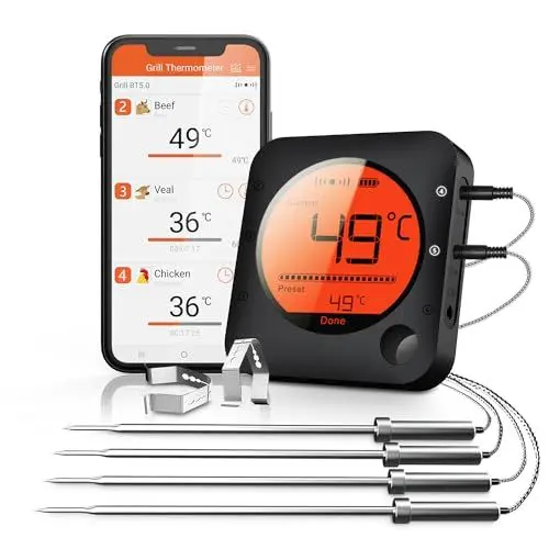 Produktbild: BFOUR 100m Grillthermometer Bluetooth, Fleischthermometer kabelloses mit 4 Edelstahlsonden, große LCD-Anzeige, Bluetooth Bratenthermometer für Grill, Smoker, Ofen, BBQ