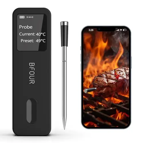 Produktbild: BFOUR Fleischthermometer Kabellos Grillthermometer Bluetooth mit App,IP67 wasserdichtes Kerntemperaturmesser,Large Display Bratthermometer,App-Steuerung,for Grill, Backofen, Rotisserie