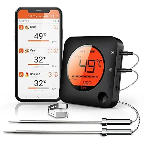 Produktbild: BFOUR Bluetooth Grillthermometer, Digital Funk BBQ Thermometer mit 2 Sonden Fleischthermometer Bratenthermometer 2 Temperaturfühlern mit Alarm Geschenk für Küche,Ofen, Fleisch und Flüssigkeit