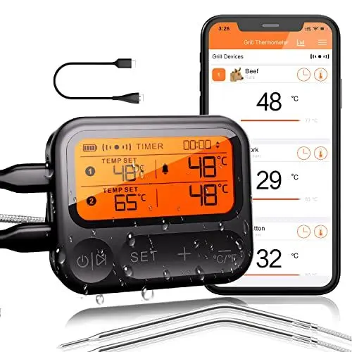 Produktbild: BFOUR Bluetooth Grillthermometer mit wiederaufladbarem Akku und präziser Temperaturmessung, kabelloses Fleischthermometer mit 2 Edelstahlsonden, IPX5 wasserdicht