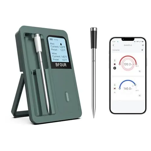 Produktbild: BFOUR Fleischthermometer Kabellos mit 2 Sonde (Upgraded), Bluetooth Grillthermometer mit großem LCD-Display, App-Steuerung,Intelligent Bratenthermometer für Grill,Backofen und Grill