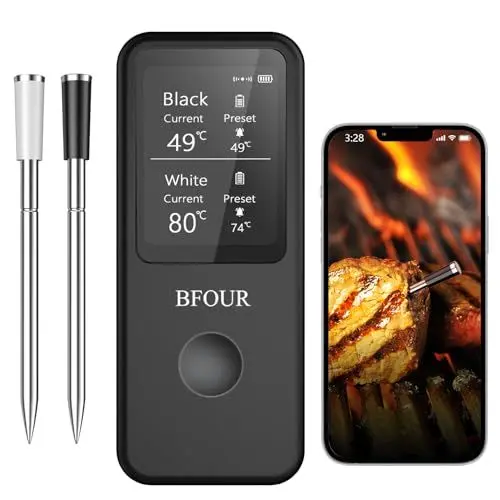 Produktbild: BFOUR Fleischthermometer Kabellos Grillthermometer Bluetooth mit Doppelsonde, App-Steuerung, IP67 wasserdicht, Bratenthermometer drahtlos für Grill, Backofen, Rotisserie