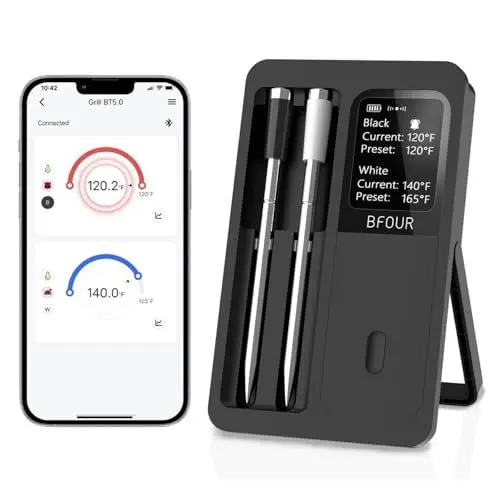 Produktbild: BFOUR Fleischthermometer Kabelloses mit 2 Sonden,Bluetooth Grillthermometer mit Smart Base, LCD-Display, APP-Steuerung, Bratenthermometer digital für Ofen, Grill,Räucherofen,Upgrade Ver.