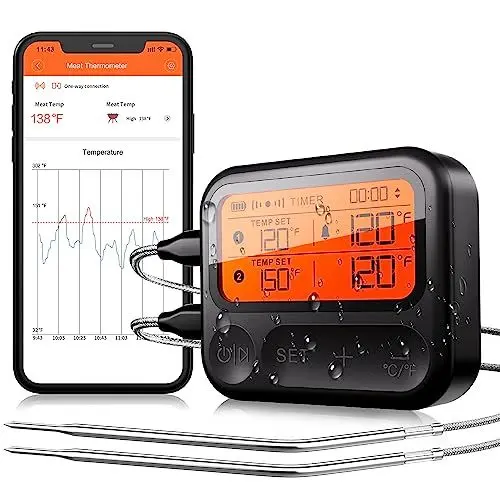 Produktbild: BFOUR Grillthermometer mit 2 Edelstahlsonden, drahtloses Fleischthermometer mit APP-Steuerung, Bratenthermometer BBQ-Thermometer für Grill, Küche, Backofen - IPX5 wasserdicht, Grüne