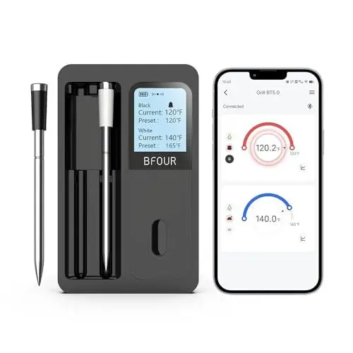 Produktbild: BFOUR Fleischthermometer kabellos 2 Fühler Grillthermometer Bluetooth Bratenthermometer mit großem LCD-Display, Smart Küchenthermometer für BBQ Grill, Backofen, wiederaufladbar