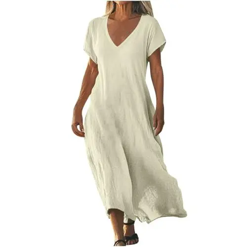 Produktbild: BFTHWY Abiballkleider Lang Brautkleid Damen Kleid Kleider für Mollige Frauen Hemdkleid Ballkleider Leinenkleider Sommer Festliche Beige 2XL