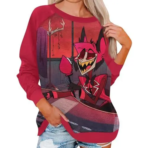 Produktbild: BFTHWY Anime Clothes for Women Alastor Hoodie Karohemd Damen Hazbin Hotel Cosplay Valentino Hoodie Damen Risse Hazbin Hotel Alastor Cosplay Kapuzenpullover Dünn Hazbin Hotel Alastor Rosa L