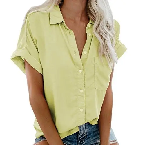 Produktbild: BFTHWY Hawaii Bluse Damen Longbluse Damen Elegant Kurzarm-Blusen Tshirt Damen Basic Longshirt Damen Große Größen Tanktop Damen Lang Hawai Hemd Frauen Hemdbluse Damen Lang Blusentops Gelb M