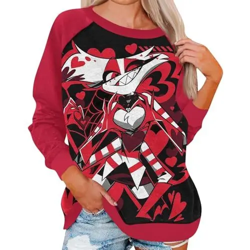 Produktbild: BFTHWY Hazbin Hotel Alastor Hoodie The Hazbin Hotel Hazbin Hotel Shirt Angel Dust Men Cotton Kariert Hemd Hazbin Hotel Alastor Cosplay Costume Alastor Merch Football Hoodie Hazbin Rot S