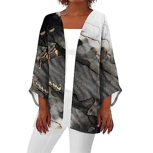 Produktbild: BFTHWY Tunika Damen Sommer,Damen Oberteile 2023 Lockere Pullover Mode Leichtgewicht Sieben Ärmel Oberteile Damen Marmor Print Strickjacke Tee
