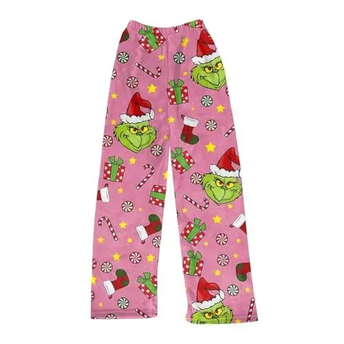 Produktbild: JKJFJKA 𝑮𝒓𝒊𝒏𝒄𝒉 Flanell Pyjama Hose für Damen Mode Weihnachten Schneeflocke Weihnachtsmann Druck Schlafanzug Niedlich Lässig Gemütlich Warm Schlafanzug Weihnachten Geschenk Rosa S