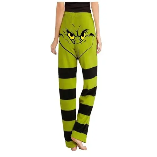 Produktbild: 𝑮𝒓𝒊𝒏𝒄𝒉 Weihnachts Pyjamahose Damen Wollhose Damen Bequeme Hose Damen Hose mit Breitem Bund Jogginghose Extra Lang Damen Frottee Schlafanzug Festliche Hose Damen Flanellhose Herren Grün L