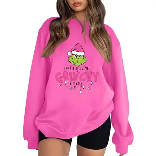 Produktbild: BFTHWY 𝑮𝒓𝒊𝒏𝒄𝒉 Weihnachtspullover Led Led Pullover Weihnachten Weihnachtspullover Ugly Damen Weihnachts-Sweatshirt Peanuts Weihnachtspullover Weinglas Weihnachtspullover Damen Weihnachten Rosa