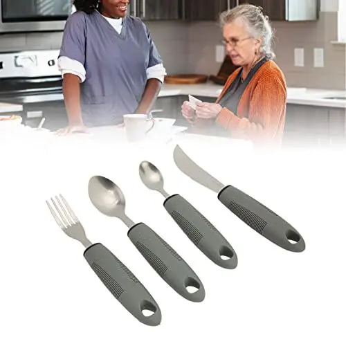 Produktbild: BFYDOAA Adaptive Utensilien mit Hellgrauem 4-teiligem Set, Leicht zu Greifendem Besteck, Gewichteten Messern, Gabeln und Löffeln, Besteckset für Handzittern, Arthritis oder ältere Menschen