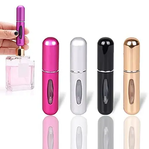 Produktbild: BGHK 4 Stück 5ml Parfümzerstäuber,Parfümzerstäuber Nachfüllbar,Mini Parfümflasche Nachfüllbar,Zerstäuber Parfüm Parfum Zerstäuber für Unterwegs, Darunter Schwarz, Rosenrot, Gold