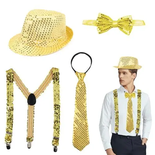 Produktbild: BGNXHYB 4 Stück Silvester Kostüm Accessories mit glitzer fliege herren krawatte herren Pailletten Zylinder Hut Hosenträger, Pailletten Hut Gold Set, Disco Karneval Outfit Herren Accessories