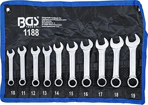 Produktbild: BGS 1188 | Maul-Ringschlüssel-Satz | 10-tlg. | extra kurz | SW 10 - 19 mm | inkl. Tetron-Rolltasche | Gabelringschlüssel