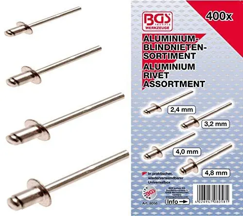 Produktbild: BGS 8058 | Blindnieten-Sortiment | 400-tlg. | Aluminium | 2,4 - 4,8 mm | Nietlänge 6 mm | inkl. Sortimentskasten