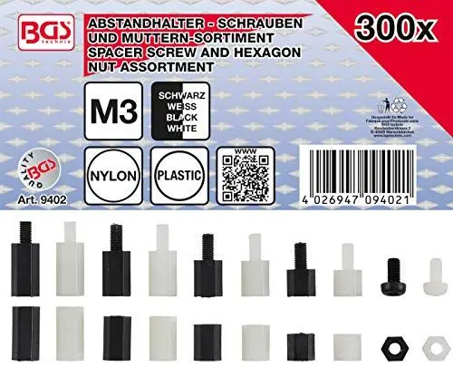 Produktbild: BGS 9402 | Abstandhalter-Schrauben und Sechskant-Muttern-Sortiment | Nylon | 300-tlg.