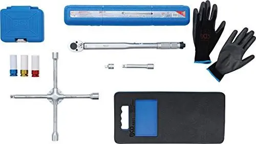 Produktbild: BGS 9679 | Radwechsel Spar-Set | 9-tlg. | Drehmomentschlüssel | Felgen-Schon-Einsätze | Knieschoner | Kreuzschlüssel | Handschuhe