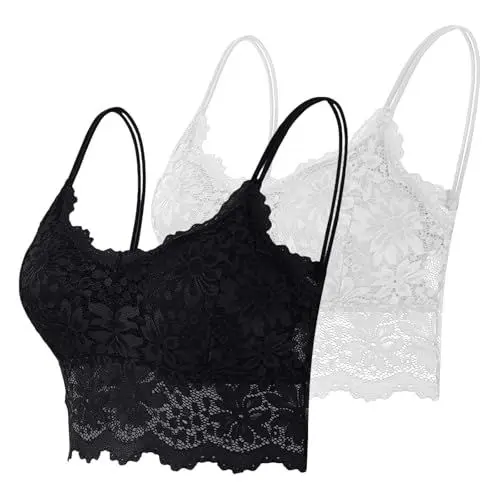 Produktbild: BH Damen ohne bügel 2er Pack Spitze BHS ohne Bügel Bralettes mit Blumenmuster Push Up Cami Bustier mit Polste Atmungsaktiv Comfit Bralette mit Trägern Spitzen Bügelloser Soft BH ohne Buegel
