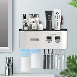 Produktbild: BHeadCat Zahnbürstenhalter, Zahnbürstenhalter zur Wandmontage mit Doppelter Automatischer Zahnpastaspender für Kinder und Erwachsene, 6 Pinselschlitzen, 2 magnetischen Bechern, Schwarz