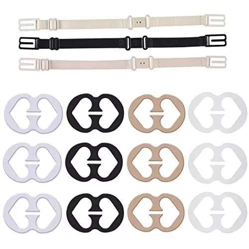 Produktbild: BH-Träger, 3-teilige rutschfeste BH Träger Elastisch Verstellbarer BH-Träger mit 9-teiligen BH-Clips, schwarz, weiß, beige für volle Körbchengröße