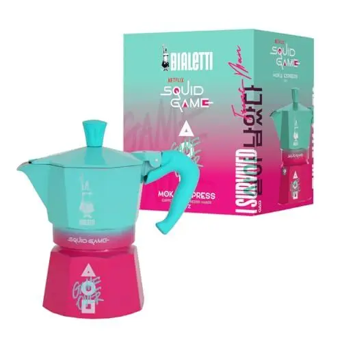 Produktbild: Bialetti Moka Express Squid Game© 3 Tassen, Verbrühungssicherer Griff, Nicht für Induktion geeignet, 130 ml, Aluminium
