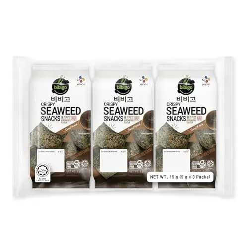 Produktbild: Bibigo Seealgen Snack Korean BBQ – Geröstete Seelagenblätter mit Korean BBQ – Ideal als Snack oder Beilage – 3 x 5 g