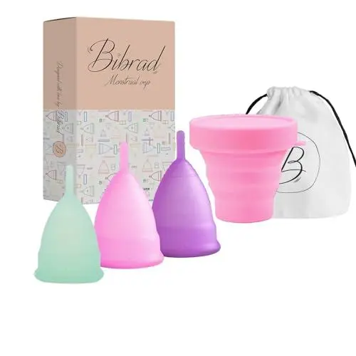 Produktbild: Bibrad Menstruationstasse - 3 Menstruationstassen der Größen S, M und L, Sterilisator und Baumwolltragetasche - 100% weiches medizinisches Silikon, waschbar und wiederverwendbar (S-M-L CUP)