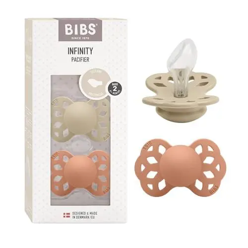 Produktbild: BIBS Infinity Anatomischer Schnuller Zweierpackung, bisphenol-A frei, anatomischer Silikonsauger, Kiefergerechte Form. Silikon, 6-18 Monate (2er Pack), Vanilla/Peach