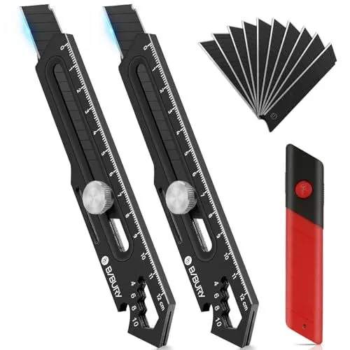 Produktbild: BIBURY 2 Stück Profi Cuttermesser, Edelstahl Universalmesser mit Extra 10SK5 18mm Abbrechklinge, Multifunktionales Mehrzweck Teppichmesser Druckguss Cutter Messer für Innenbereich & Heimwerker-Schwarz