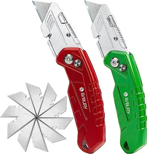 Produktbild: BIBURY 2 Stück Universalmesser, Portabel Teppichmesser, Aktualisierte Version Universal-Klappmesser, Cuttermesser mit 10 zusätzlichen Edelstahlklingen mit Gürtelclip und Safety-Lock-Design