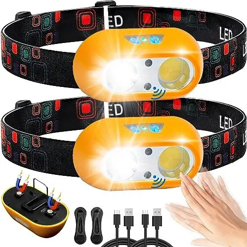 Produktbild: BIBURY Stirnlampe LED Wiederaufladbar 2 Stück, Superhell Stufenlos Dimmbar Kopflampe mit 6 Lichtmodi und Rotlicht, IPX5 Wasserdicht Leichtgewichtig Mini Headlight für Laufen Campen Radfahren Angeln