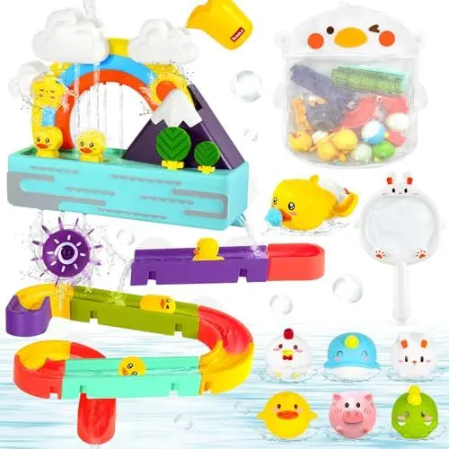 Produktbild: Bibykivn Badewannenspielzeug, Badespielzeug Set, DIY Kugelbahn Badewannen Spielzeug ab 3 4 5 6 Jahre, Wasserspielzeug mit Fischernetz, Kinder Badespaß Geschenk Mädchen Junge (Regenbogen)