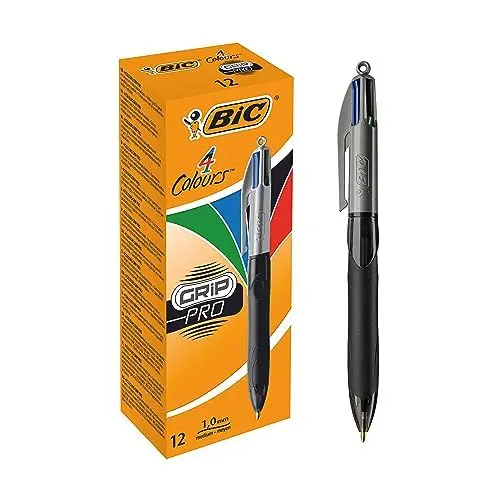 Produktbild: BIC 4 Farben Kugelschreiber Set 4 Colours Grip Pro, mit gummierter Griff-Fläche, 12er Pack, Ideal für das Büro, das Home Office oder die Schule