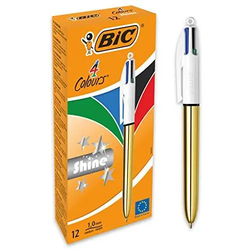Produktbild: BIC 4 Farben Kugelschreiber Set 4 Colours Shine, Schaft in Gold, 12er Pack, Ideal für das Büro, das Home Office oder die Schule