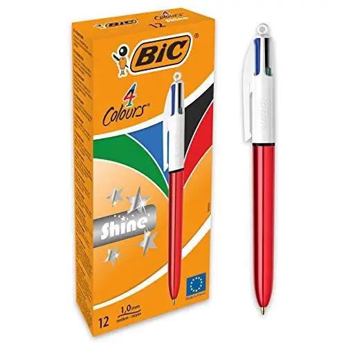 Produktbild: BIC 4 Farben Kugelschreiber Set 4 Colours Shine, Schaft in metallic rot, 12er Pack, Ideal für das Büro, das Home Office oder die Schule