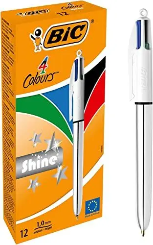 Produktbild: BIC 4 Farben Kugelschreiber Set 4 Colours Shine, in Silber, 12er Pack, Ideal für das Büro, das Home Office oder die Schule