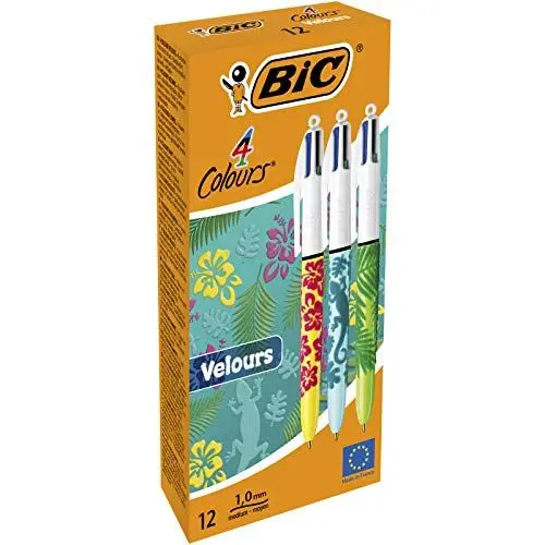 Produktbild: BIC 4 Farben Kugelschreiber Set 4 Colours Velours, mit samtiger Oberfläche in Dschungelmotiven, 12er Pack, Ideal für das Büro, das Home Office oder die Schule