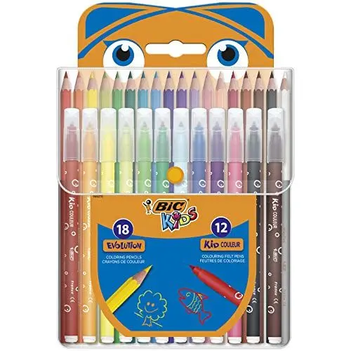 Produktbild: BIC Kids Buntstifte & Filzstifte Set: 18 Malstifte & 12 Fasermaler, in praktischem Katzen-Etui