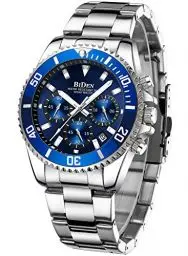 Produktbild: BIDEN Herren Uhr Männer Chronographen Silber Blau Edelstahl Wasserdicht Designer Armbanduhr Herren Leuchtende Analog Datum Business Uhr für Herren