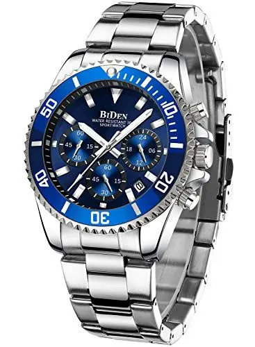 Produktbild: BIDEN Herren Uhr Männer Chronographen Silber Blau Edelstahl Wasserdicht Designer Armbanduhr Herren Leuchtende Analog Datum Business Uhr für Herren