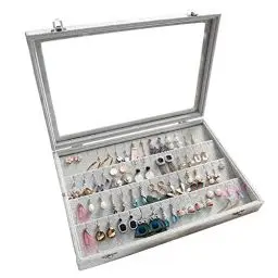 Produktbild: BIENSER Ohrring Aufbewahrung, 40 Paar Ohrringe Schmuckkästchen Mädchen, Jewelry Organizer box, Schmuck Organizers Box, schmuckaufbewahrung, Samt und Glas, Vitrine, Abschließbar, Staubdicht, 35x24x5cm