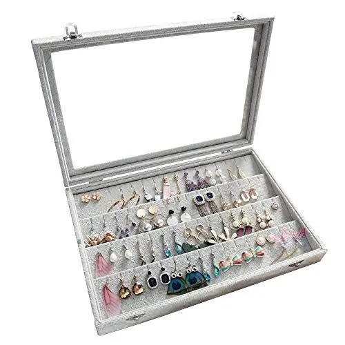 Produktbild: BIENSER Ohrring Aufbewahrung, 40 Paar Ohrringe Schmuckkästchen Mädchen, Jewelry Organizer box, Schmuck Organizers Box, schmuckaufbewahrung, Samt und Glas, Vitrine, Abschließbar, Staubdicht, 35x24x5cm