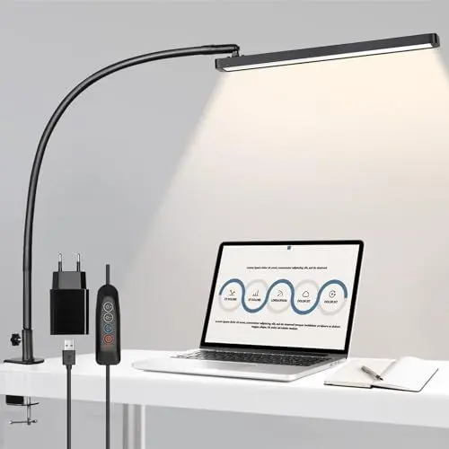 Produktbild: BIENSER Schreibtischlampe LED Klemmbar, 1100LM Schwanenhals Klemmleuchte, Architektenlampe Arbeitsleuchte 5 Farben X 10 Helligkeitsstufen Dimmbar, Augenschutz Klemmlampe, Büro Tischlampe, Schwarz