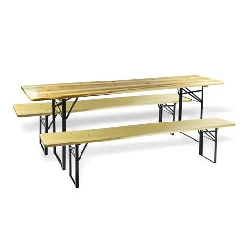 Produktbild: Stabile Bierzeltgarnitur 220x50cm aus Fichtenholz - Klappbar, wetterfest, ideal für Garten & Feste - 3-teilig
